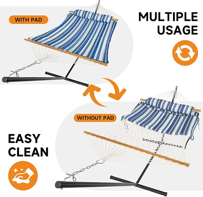 2 Person Outdoor Hammock with Stand, Cotton Rope Hammock with Polyester Pad - Image 3