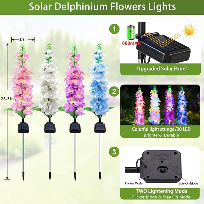 Solar Garden Lights, Solar Delphinium Flowers Lights 4 Pack 80 LEDs, Waterproof - Image 2