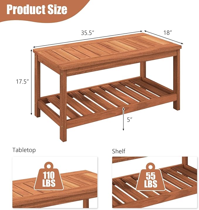 Tangkula Wood Outdoor Coffee Table, 2-Tier Patio Coffee Table - Image 3