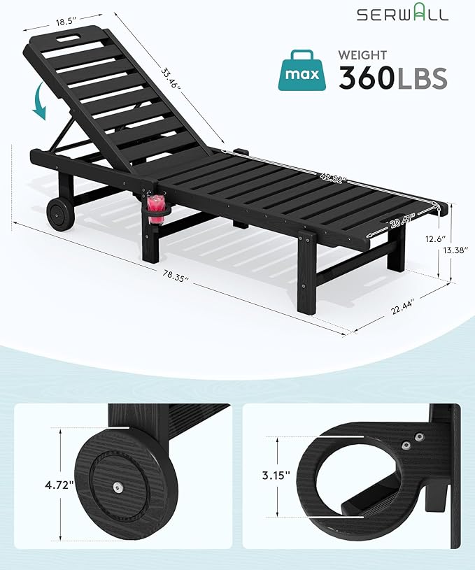 SERWALL Patio Chaise Lounge Chair, HDPE Outdoor Lounge Chair - Image 3