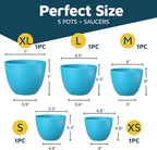 Blue Plant Pots with Drainage Holes & Saucers 5 Pack, Indoor & Outdoor - Image 2
