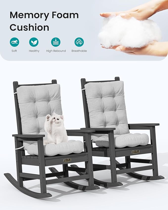 SERWALL HDPE Outdoor Rocking Chair Cushion Set of 4, Memory Foam Cushion - Image 5