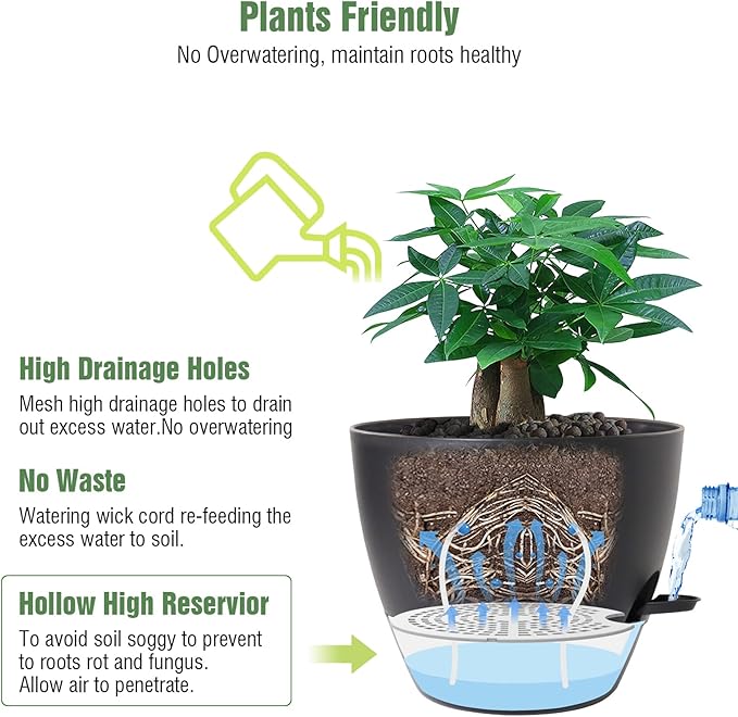 12inch 2Pack Large Self Watering Planters, Plastic Plant Pots - Image 3