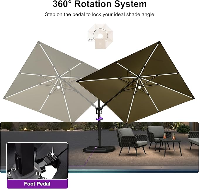 PURPLE LEAF 10 Feet Patio Umbrella Outdoor Cantilever Solar Powered LED Swivel - Image 8