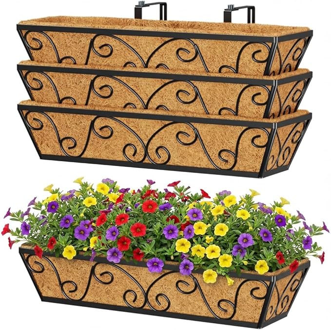 Y&M 24 Inch Window Deck with Coco Liner, Fence Metal Hanging Flower Planter by YM