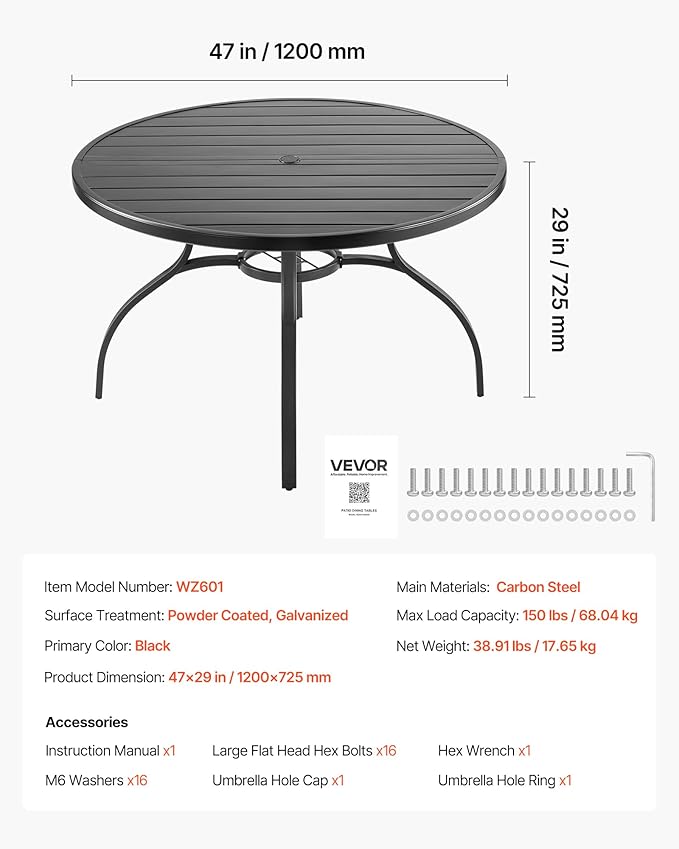 VEVOR Outdoor Patio Dining Table, 47 inch Round Metal Steel Slat Backyard - Image 3