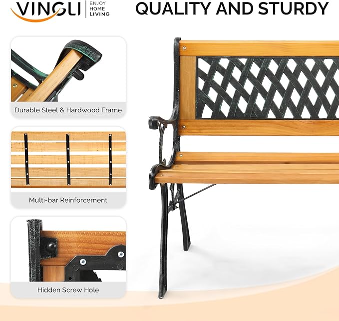 VINGLI Outdoor Bench Metal Garden Bench, Wood Patio Benches w/PVC Backrest Cast - Image 4