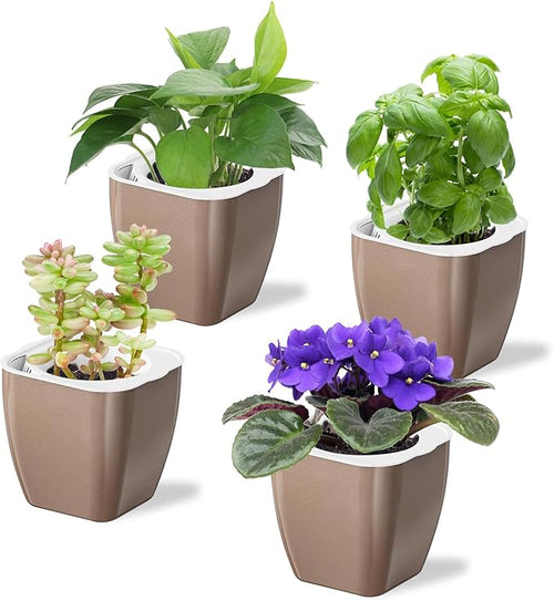4 Pack Self Watering Pots 4-inch Decorative Flower Planters by Oliz