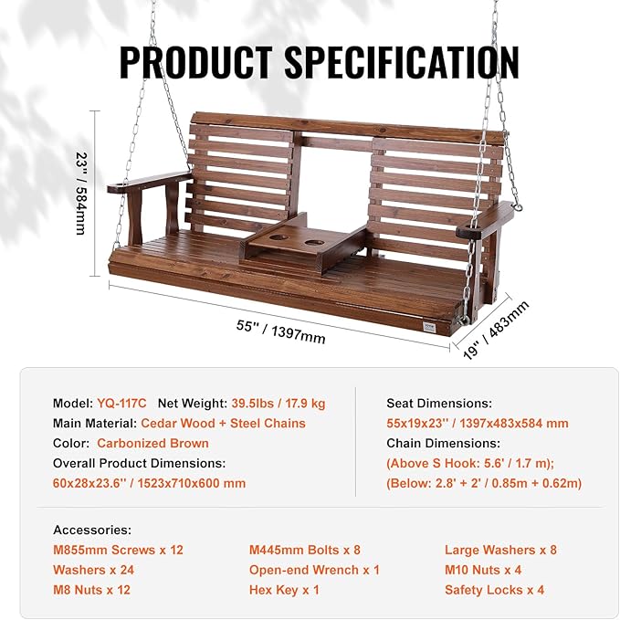 VEVOR Wooden Porch Swing 5 ft, Patio Bench Swing - Image 7