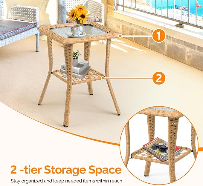 VINGLI Outdoor Side Table with Storage Wicker Patio Side Table, Tempered Glass - Image 7