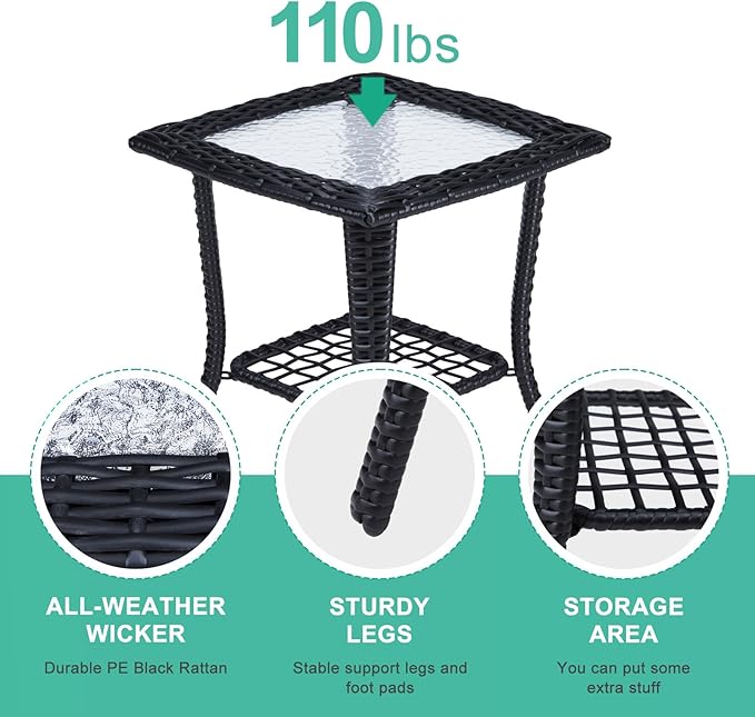 VINGLI Outdoor Side Table with Storage Wicker Patio Side Table, Tempered Glass - Image 4