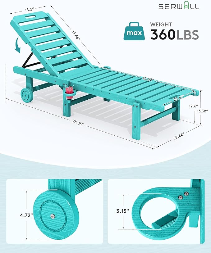 SERWALL Patio Chaise Lounge Chair, HDPE Outdoor Lounge Chair - Image 3