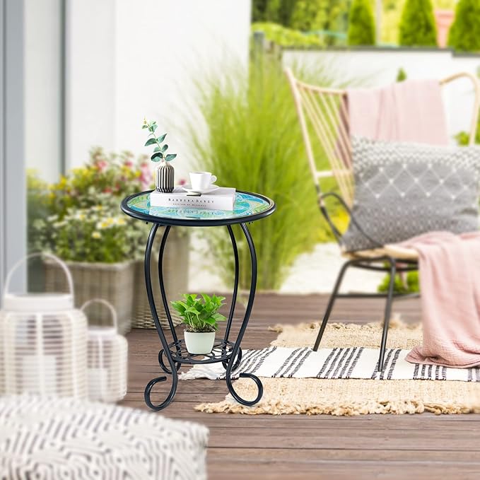 LIFFY Mosaic Outdoor Side Table, Mosaic Plant Stand, End Table W/Storage Shelf - Image 2