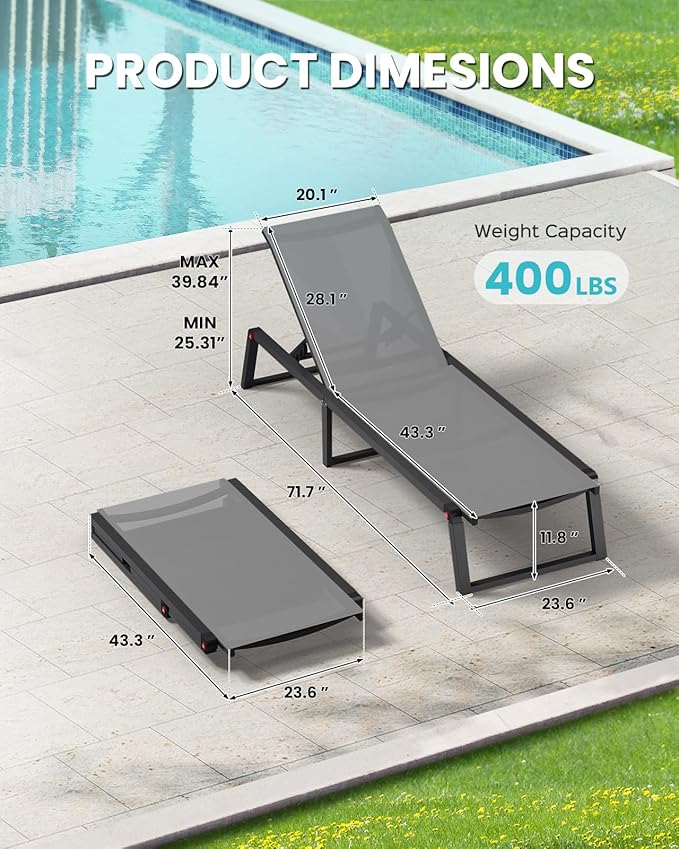 Aluminum Chaise Lounge Chair Outdoor Set of 2, Foldable & No Assembly Pool - Image 2