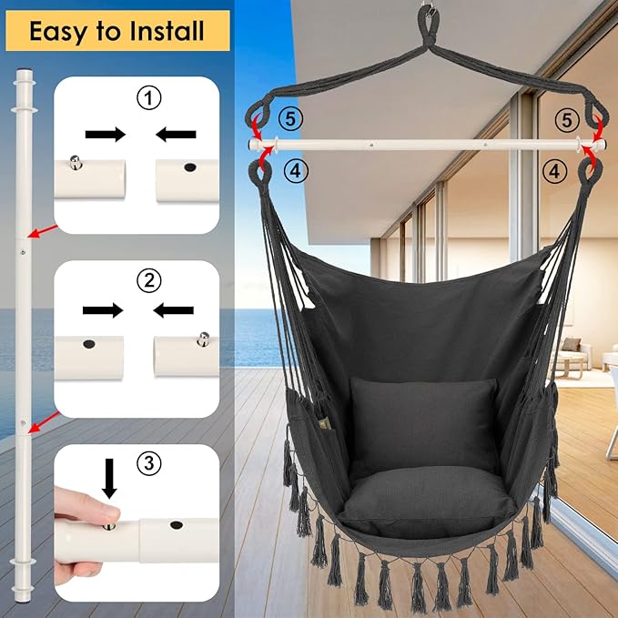 Y- STOP Hammock Chair Hanging Rope Swing, Max 500 Lbs, 2 Cushions Included - Image 5