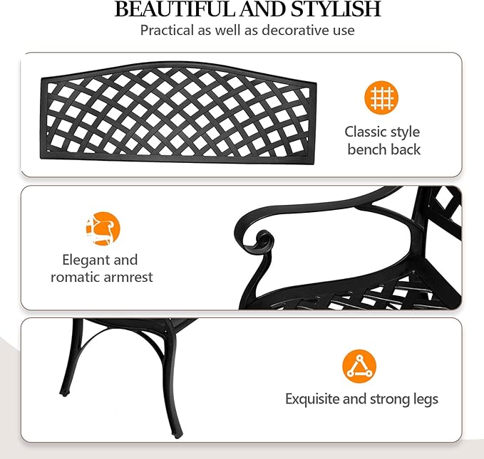 VINGLI 40.5" Patio Garden Bench, Anti- Rust Cast Iron Cast Aluminum Frame - Image 4