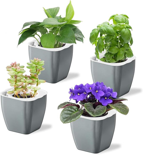4 Pack Self Watering Pots 4-inch Decorative Flower Planters by Oliz