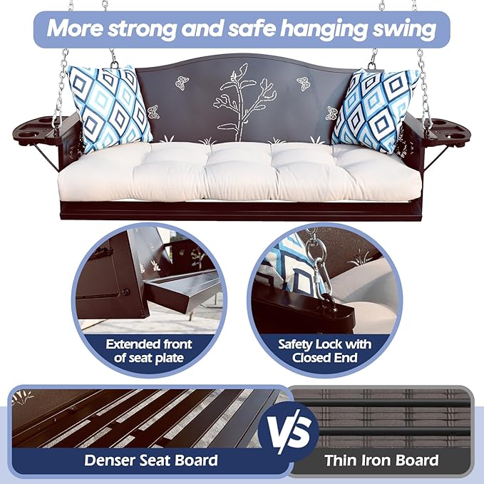 3-Seat Metal Porch Swing 900 LBS Heavy Duty Hanging Bench - Image 2