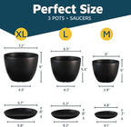 Black Plant Pots with Drainage Holes & Saucers 3 Pack, Indoor & Outdoor - Image 2