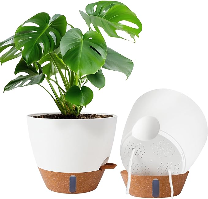 2 Pack 10 inch Plant Pots, Plastic Self Watering Planters by Fielda