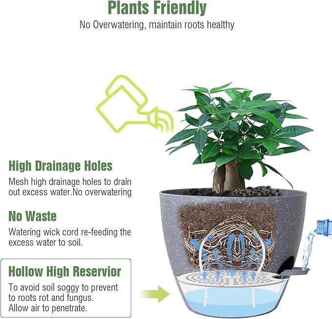 12inch 2Pack Large Self Watering Planters, Plastic Plant Pots - Image 3
