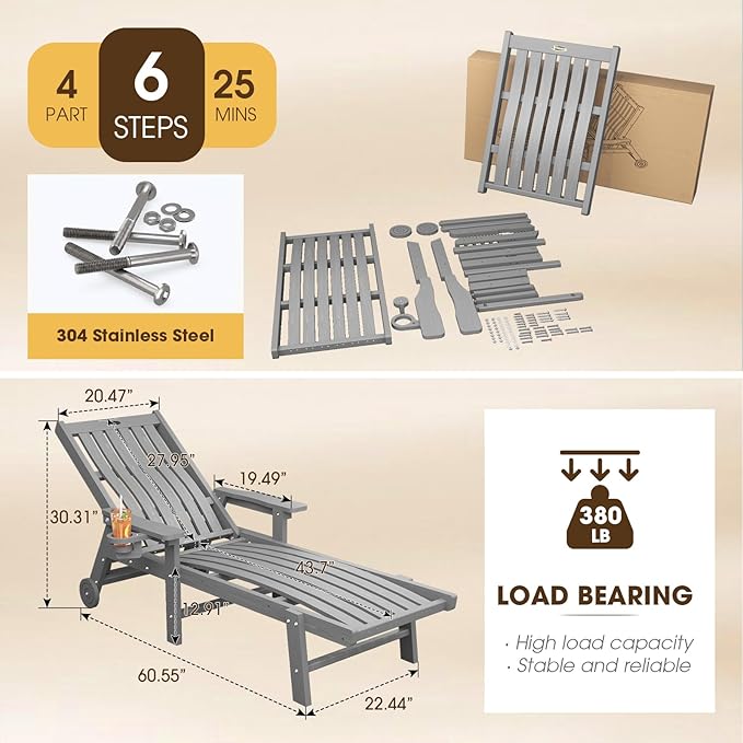 Patio Chaise Lounge Chair Set of 4, Oversized Lounge Chair Outdoor - Image 2