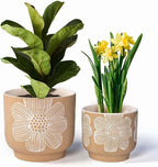 YBX 8 Inch + 6 Inch White Flower Pattern Plant Pots, Sand Glazed Ceramic Planter by YBXYIBOXUAN