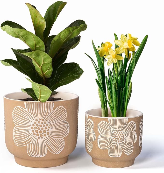YBX 8 Inch + 6 Inch White Flower Pattern Plant Pots, Sand Glazed Ceramic Planter by YBXYIBOXUAN