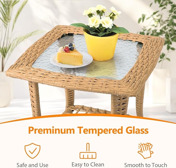 VINGLI Outdoor Side Table with Storage Wicker Patio Side Table, Tempered Glass - Image 6