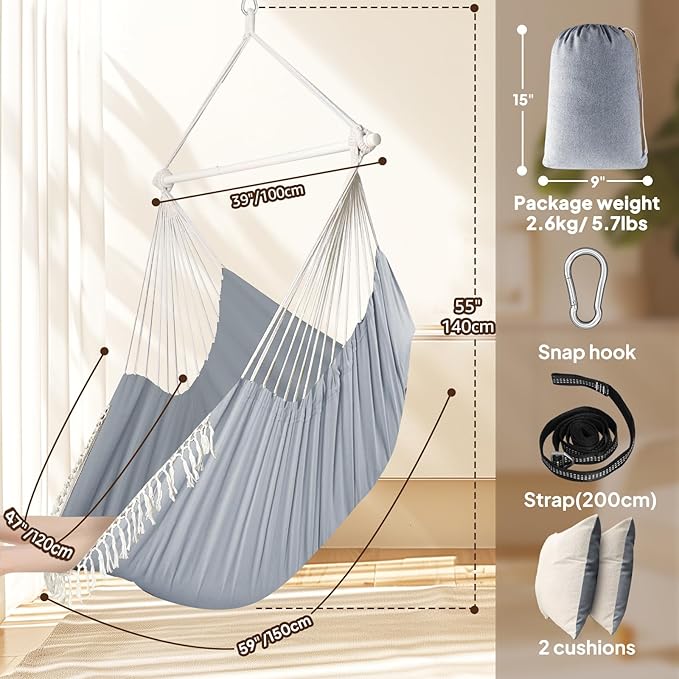 Chihee Hammock Chair 4.9ft x 3.9ft Max 500 Lbs Widen Hanging Swing 2 Cushions - Image 4