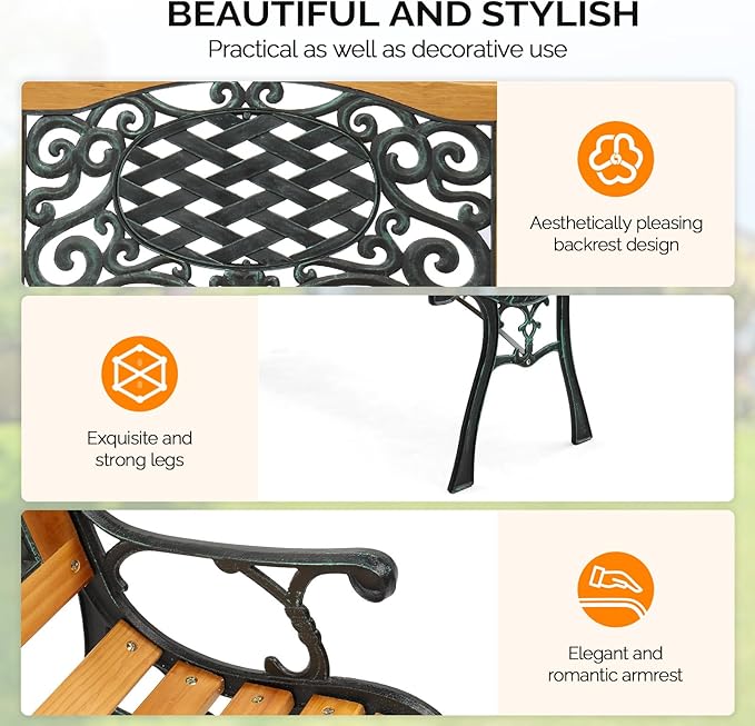 VINGLI Classic Cast Iron & Teak Arched Back Rectangular Outdoor Bench, 470 lbs - Image 5