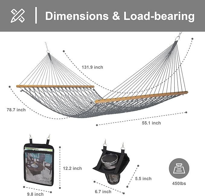 SUNCREAT Double Outdoor Hammock, Polyester Rope Hammock - Image 5