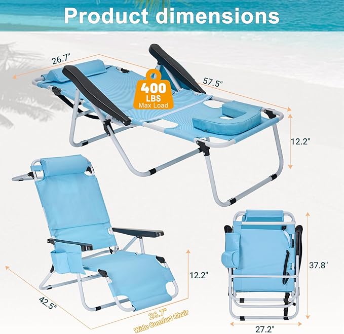 ABORON Tanning Chair with Face Hole, 5-Position Adjustable Reclining Beach - Image 3