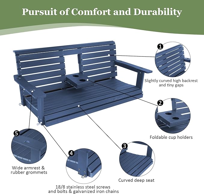 Poly Lumber 3-Seat Porch Swing, HIPS 5-Feet Bench Swing - Image 4