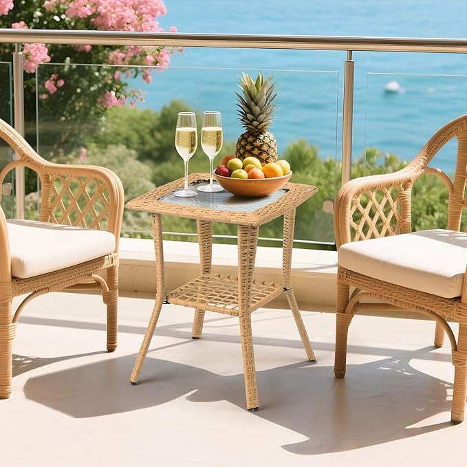 VINGLI Outdoor Side Table with Storage Wicker Patio Side Table, Tempered Glass - Image 2