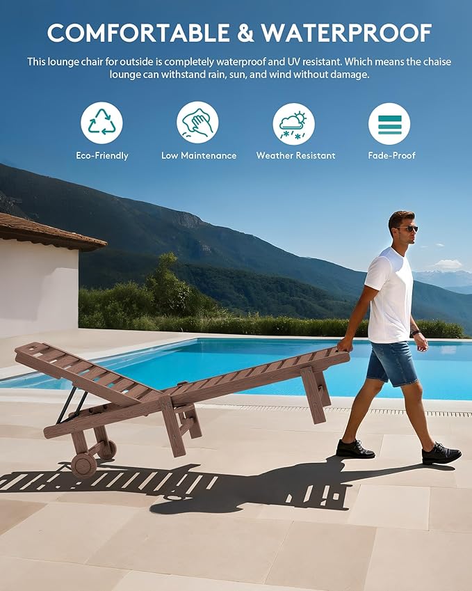 SERWALL Patio Chaise Lounge, HDPE Outdoor Lounge Chair - Image 4