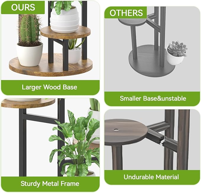 5 Tier Plant Stand Indoor, Metal Wood Flower Holder, Heavy Duty Tall Round - Image 4