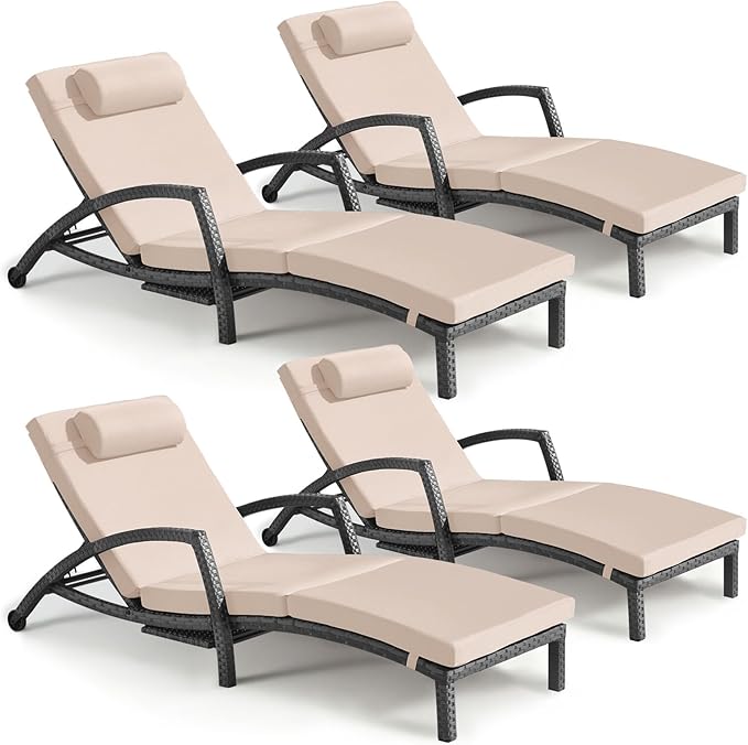 Chaise Lounge Chairs Outdoor Set of 4, Comfy Outside Wicker Patio Pool Lounge by ZZWHOM