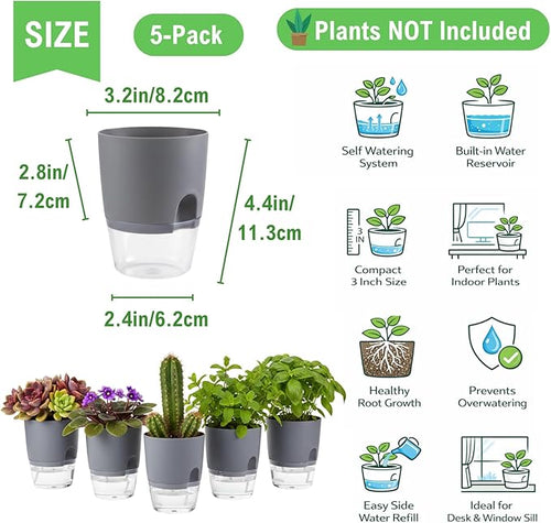 3.2 Inch Self Watering Planters Plastic Planter Pots 5 Pack Wicking Flower Pots - Image 2