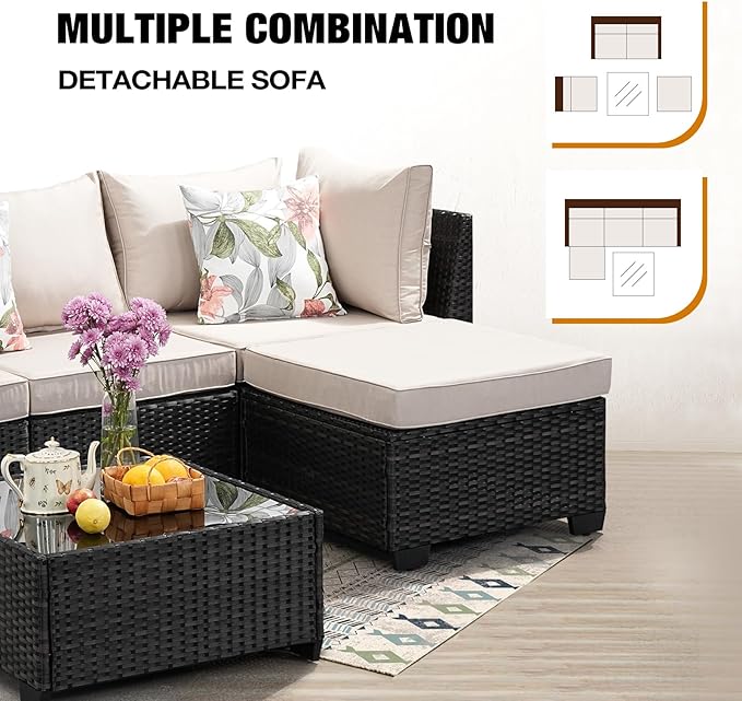 5 Pieces Patio Furniture Set All-Weather Outdoor Wicker Sectional Conversation - Image 6