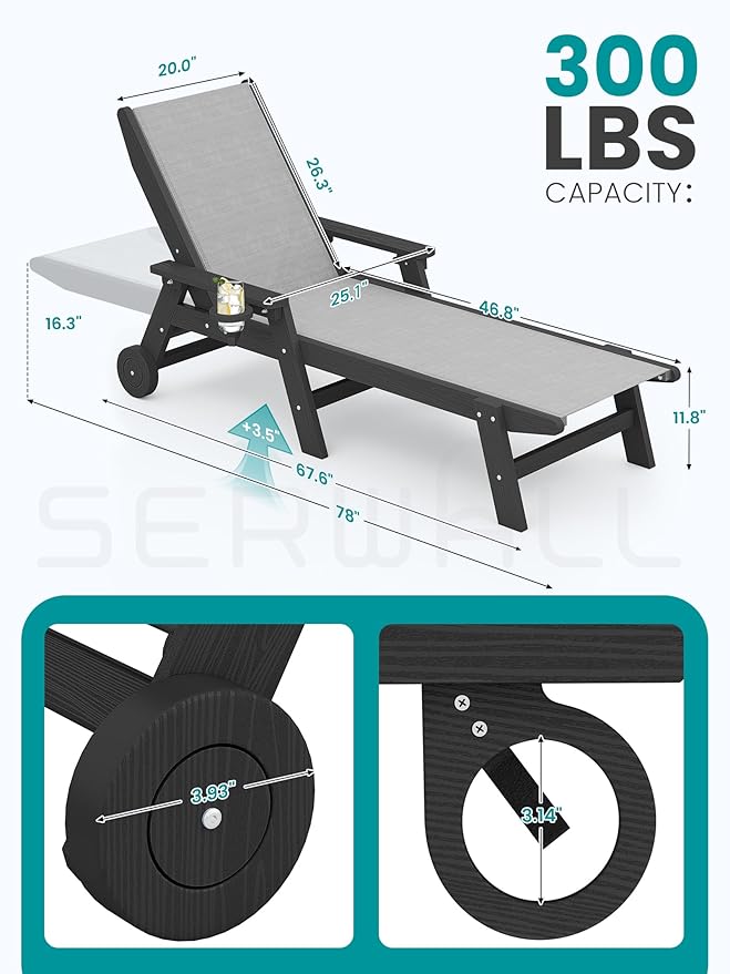 SERWALL Textilene Patio Chaise Lounge Chair Set of 2, 5 Positions Outdoor - Image 3