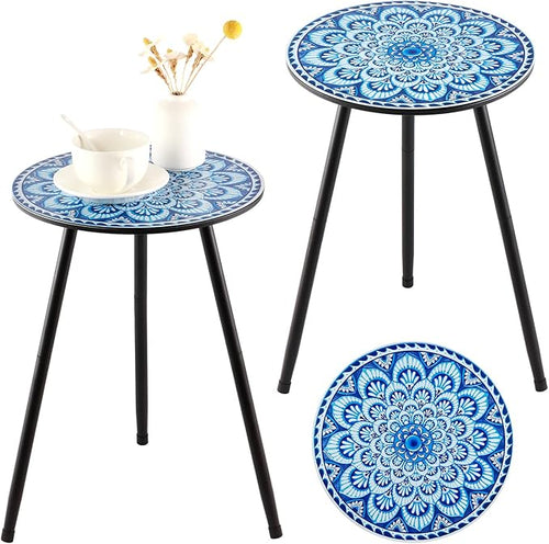 2 Packs Metal Mosaic Round Side Tables 13.4" Small Outdoor Patio Round Accent by PartyZealot