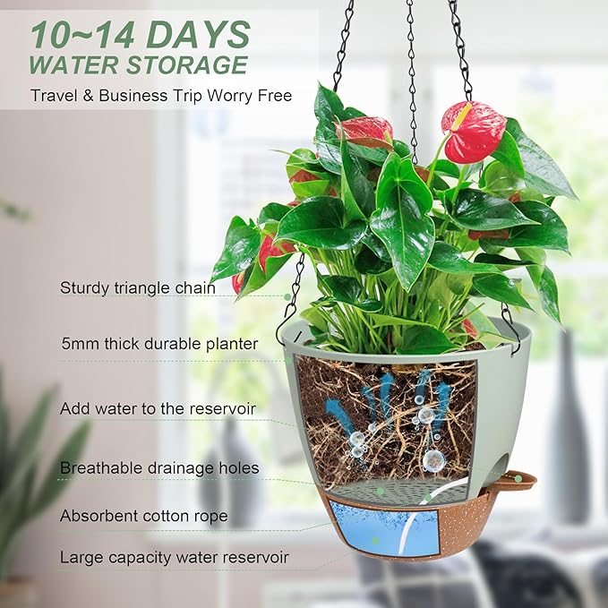 Hanging Planters for Indoor Outdoor Plants, 1 Set Self Watering Hanging Pot - Image 2