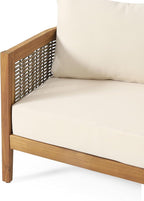 Merax 76.5" Outdoor Acacia Wood Wicker 3 Seater Sofa, Patio Furniture Couch - Image 10