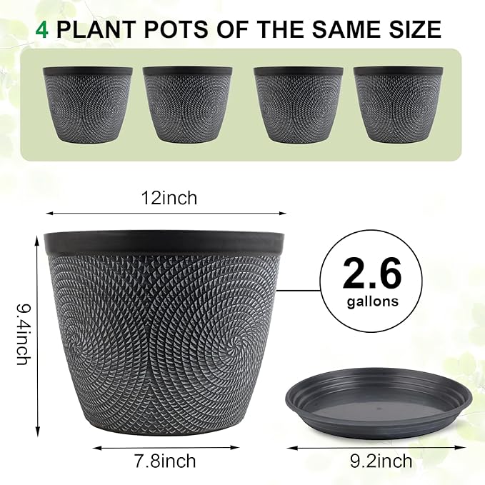 Quarut Large 12 Inch Plant Pot for Plants Outdoor Indoor, 4 Pack Plastic Flower - Image 6