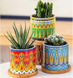 Mandala Succulent Pot with Drainage Hole & Bamboo Coaster, Small Plant Pots - Image 4