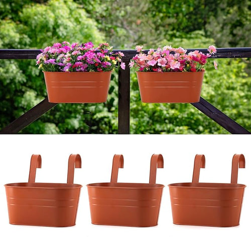 3 Pack Metal Railing Planters, 10.5" Oval Hanging Flower Pots by MeltsetM