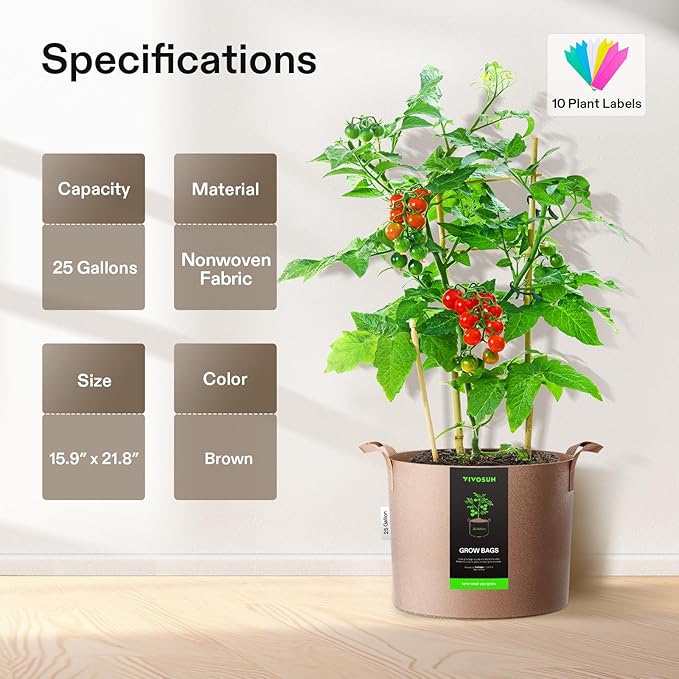 VIVOSUN 5-Pack 25 Gallons Grow Bags Heavy Duty Thickened Nonwoven Fabric Pots - Image 2