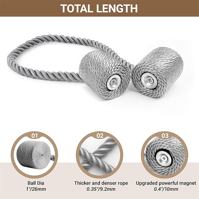 Hion Magnetic Curtain Tiebacks Grey 2pcs, Curtain Tiebacks Buckles Holdbacks - Image 2