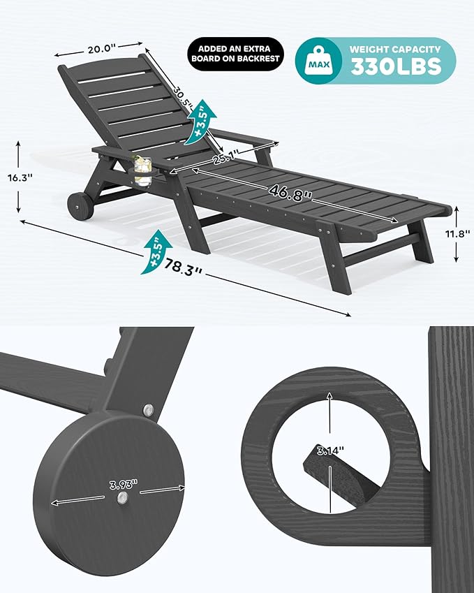 SERWALL Patio Chaise Lounge Chair, Poly Lounge Chair - Image 3
